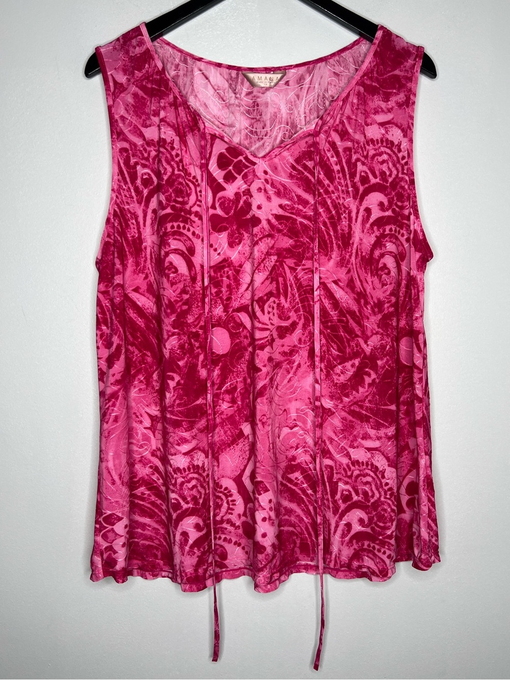 Amana Y2K Pink Abstract Sleeveless Tunic Top 1X Plus Size Stretch Boho Tie Front